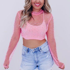 ZARHA RHINESTONE MESH CROP TOP - LIGHT PINK